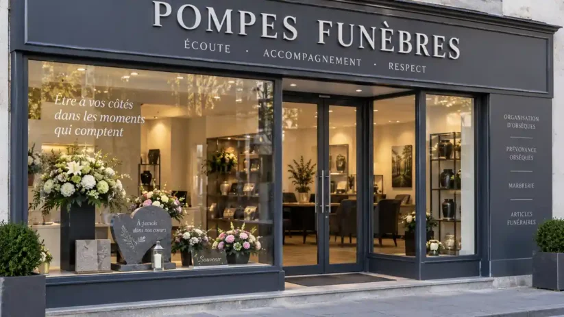 Une vitrine d'un magasin de pompes funèbres