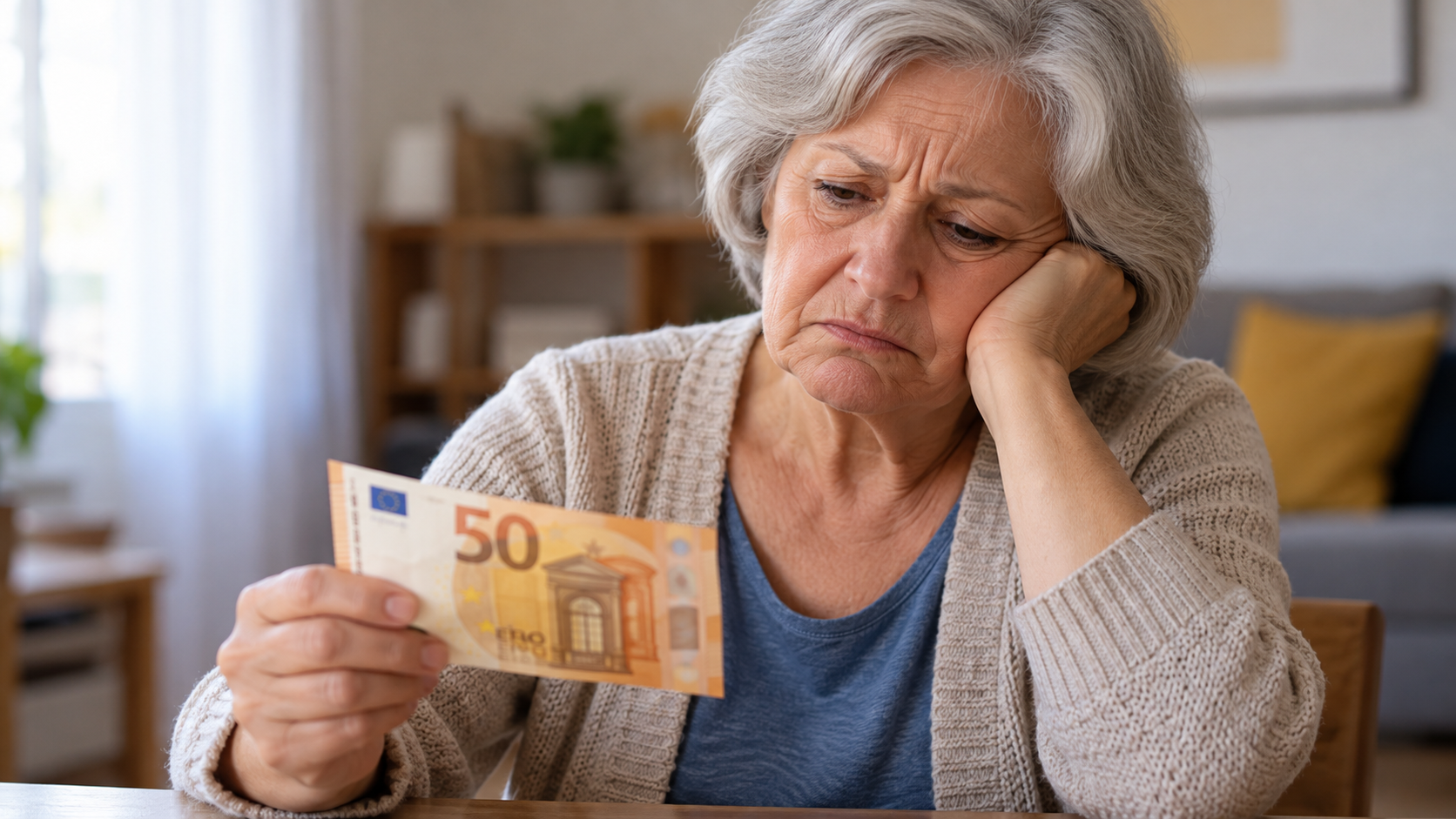 Une retraitée dans son salon regarde dépitée un billet de 50 euros
