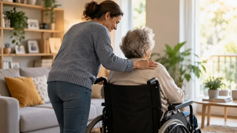 Une personne aide son parent en fauteuil roulant
