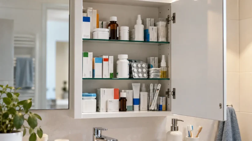Une armoire à pharmacie dans une salle de bain
