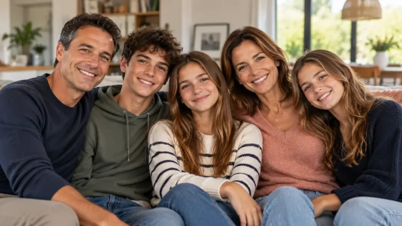 un père et une mère avec leurs trois enfants