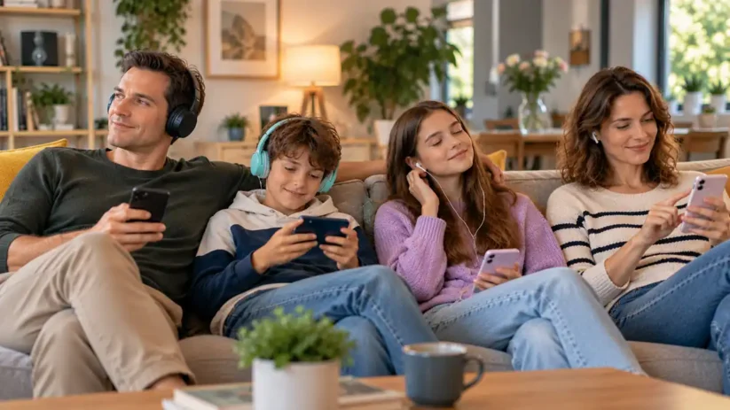 Un père, une mère et leurs deux enfants écoutent de la musique depuis leur smartophone