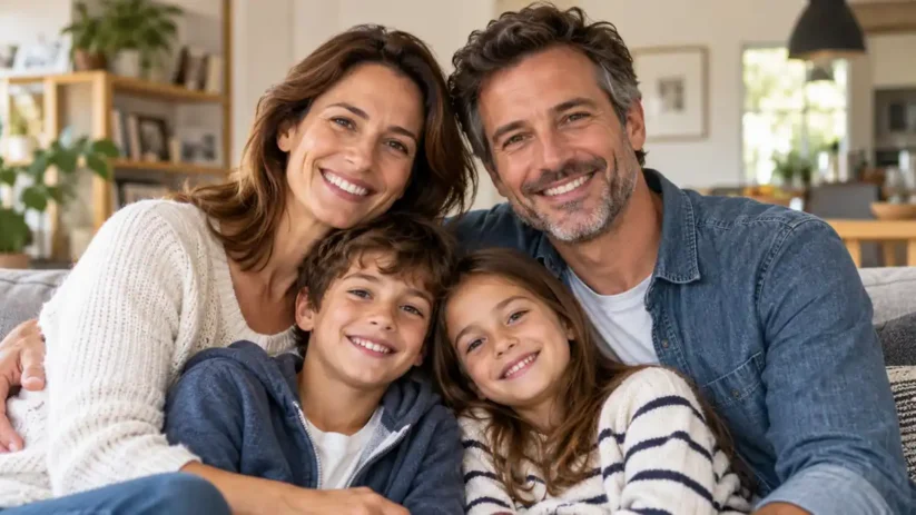 Un couple de quadragénaires avec leurs deux enfants