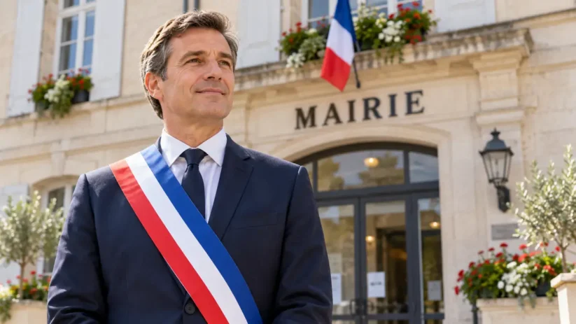 Un maire avec son écharpe tricolore devant sa mairie