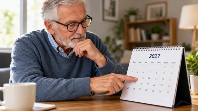 Un retraité consulte un calendrier 2027 dans son salon
