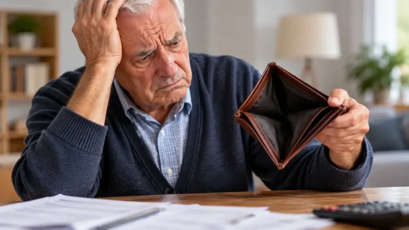 Un retraité dépité devant son portefeuille vide