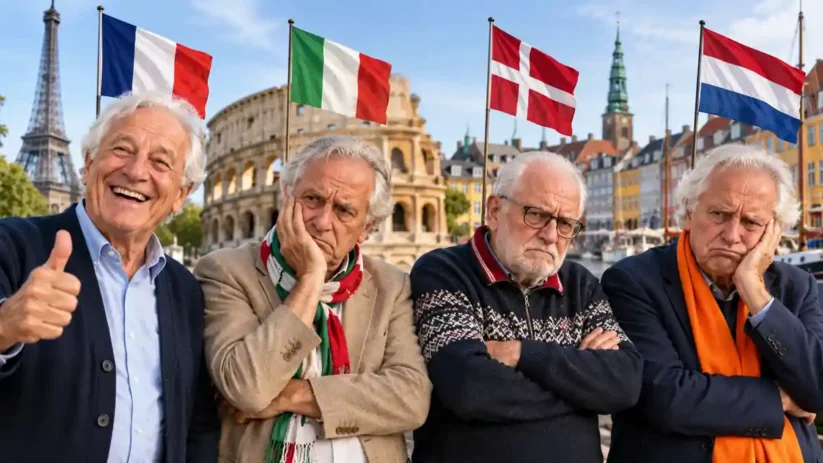 Un retraité français content et des retraités italiens, danois et néerlandais mécontants