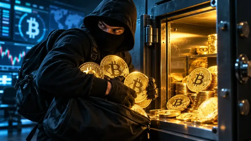 Un voleur dérobe des bitcoins dans un coffre-fort